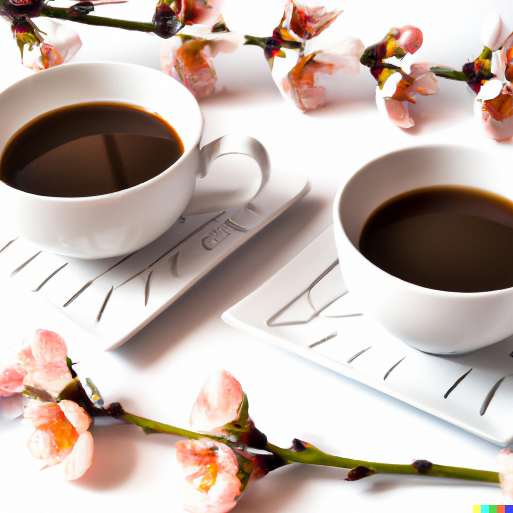 DALL·E 2023-03-05 00.22.46 - A branch of peach blossom and a set of white coffee cups with liquid coffee and peach petals in the cup(1).png